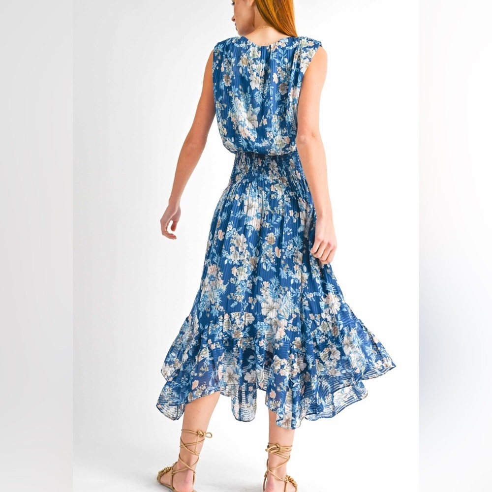 Reset by Jane Ariel Blue Floral Flowy Midi Dress Boho Ruffle Size Small - Picture 2 of 9